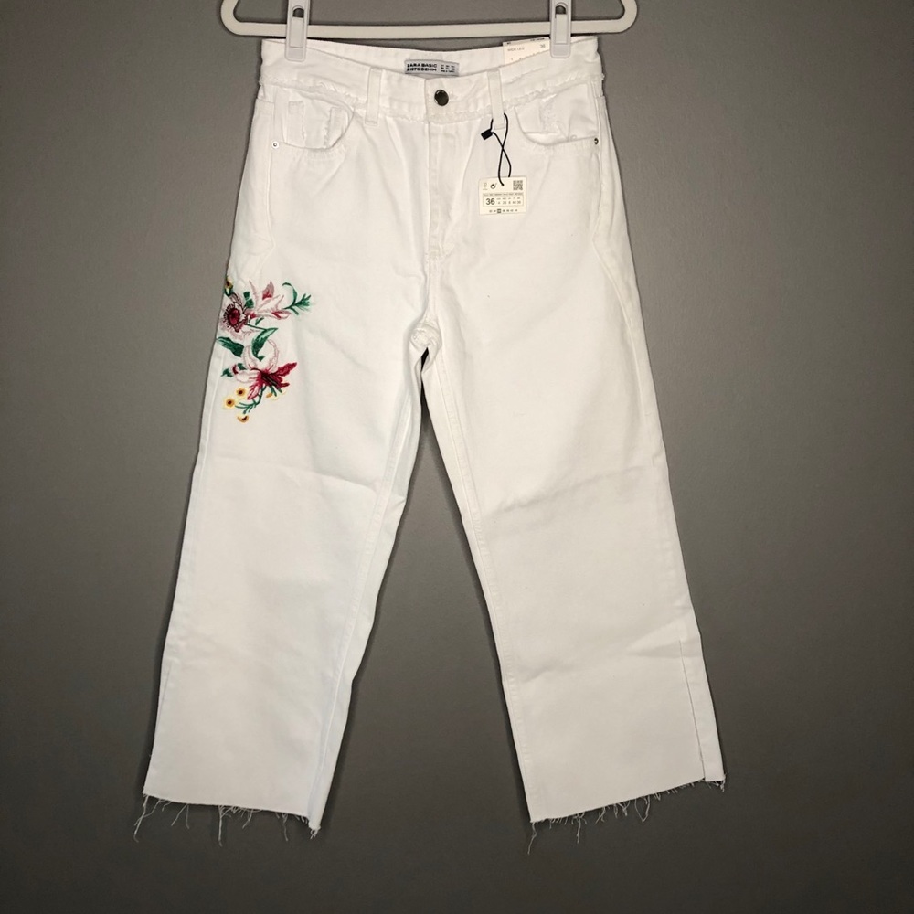ZARA • NWT Wide Leg Floral Embroidered White Crops - Picture 2 of 13